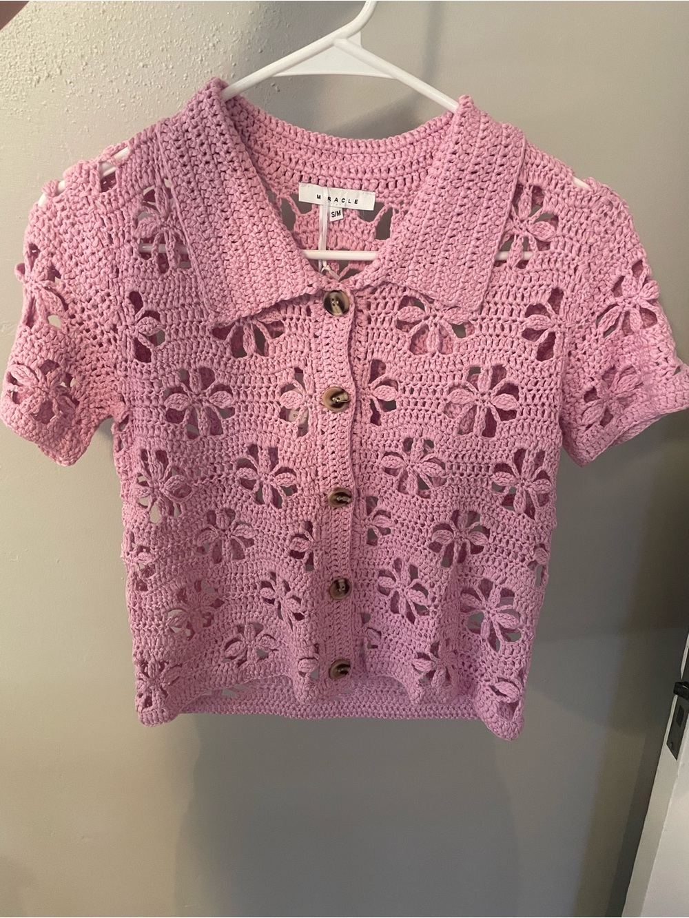Miracle womens Pink Crochet Button-Front Top- NWT